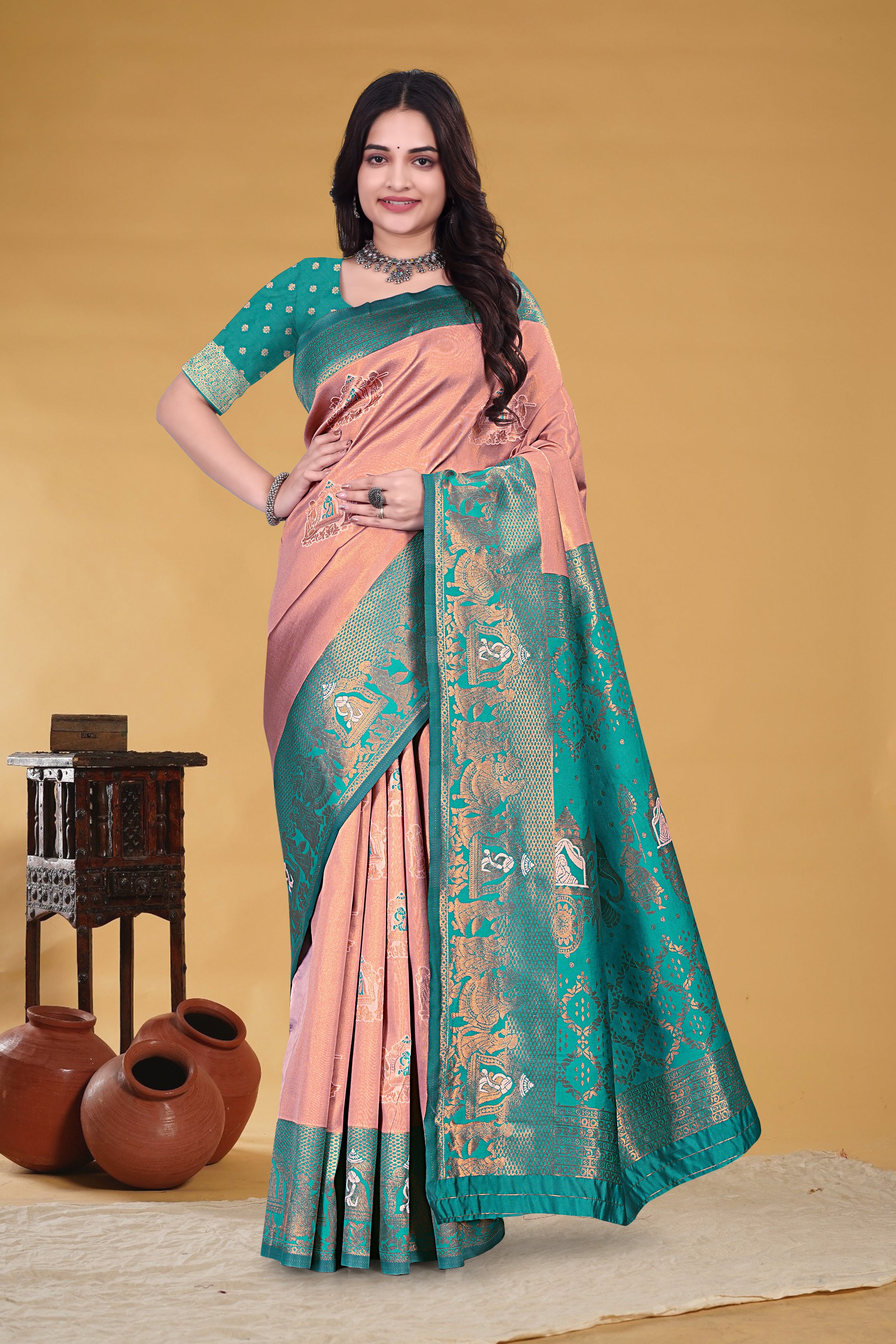 Peach Teal Royal Weave Saree