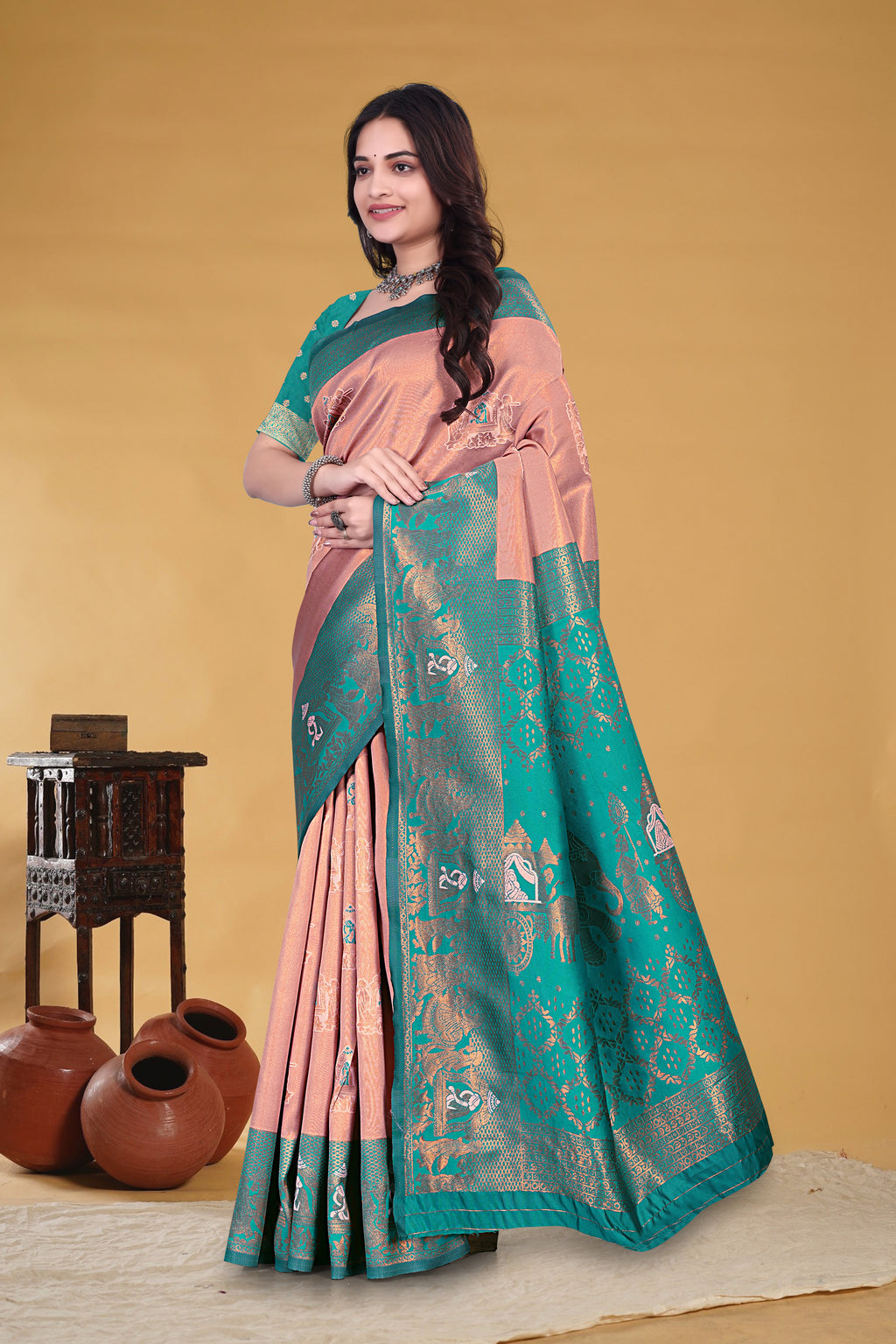 Peach Teal Royal Weave Saree