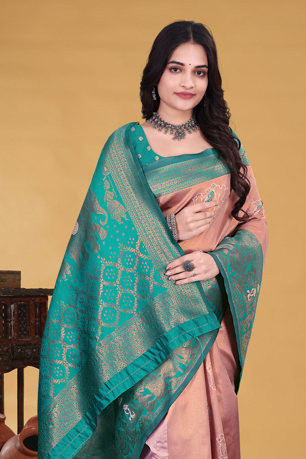 Peach Teal Royal Weave Saree