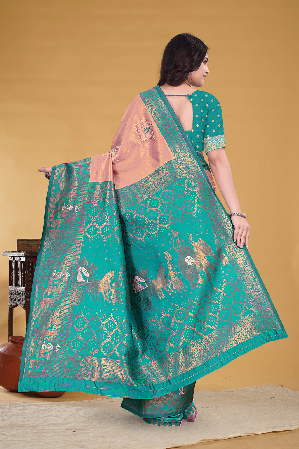Peach Teal Royal Weave Saree