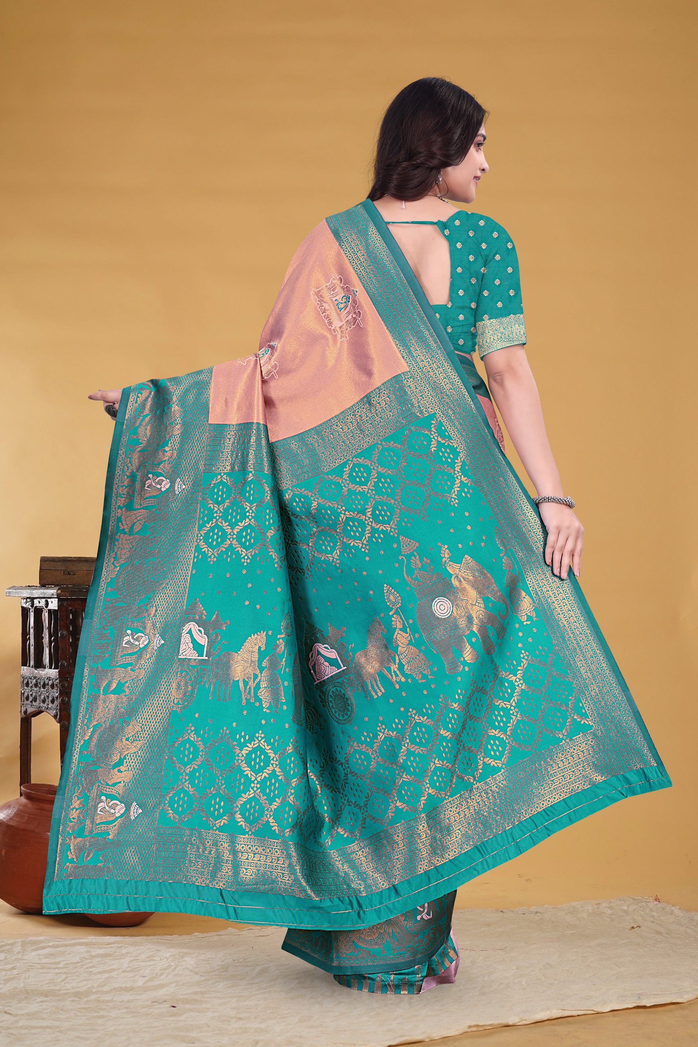 Peach Teal Royal Weave Saree