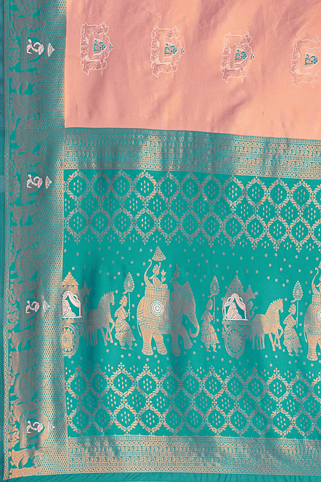 Peach Teal Royal Weave Saree