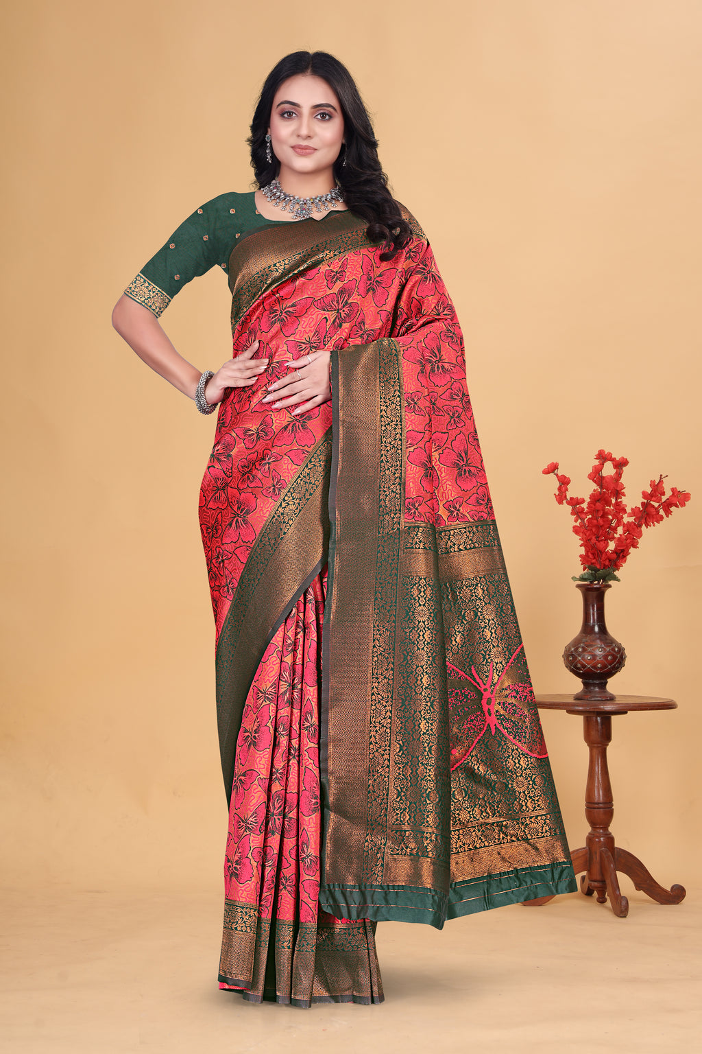 Reddish Pink Butterfly Saree