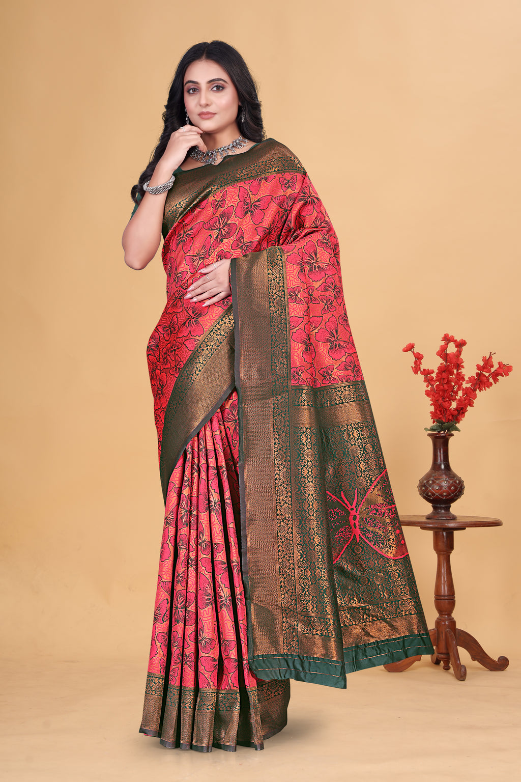 Reddish Pink Butterfly Saree