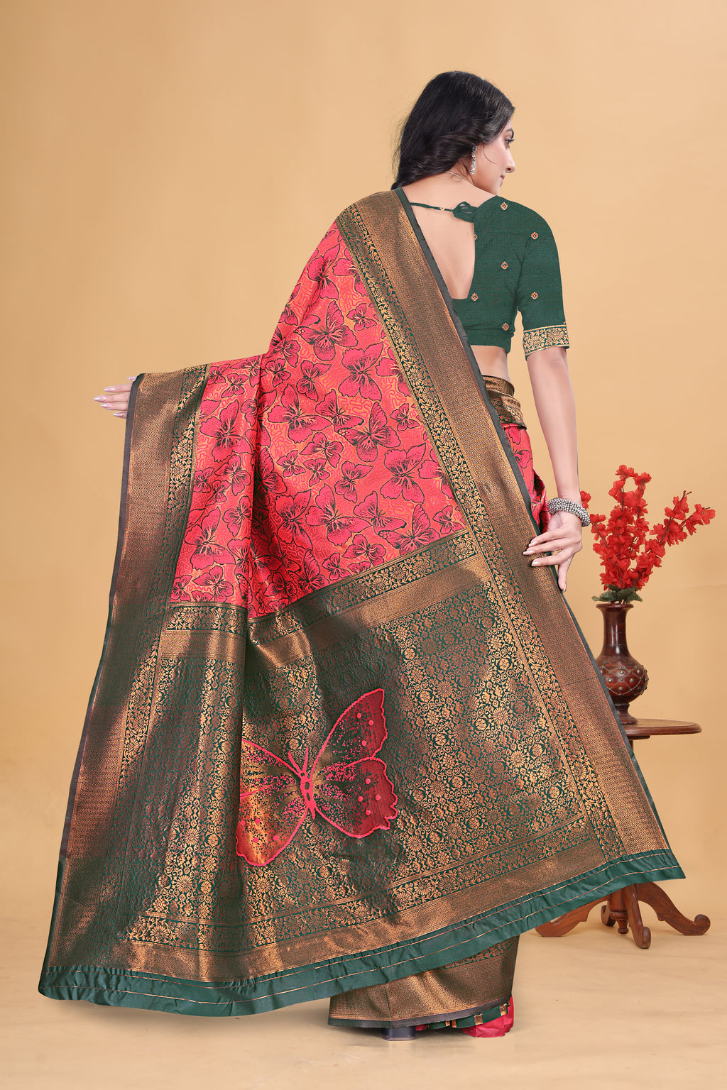 Reddish Pink Butterfly Saree