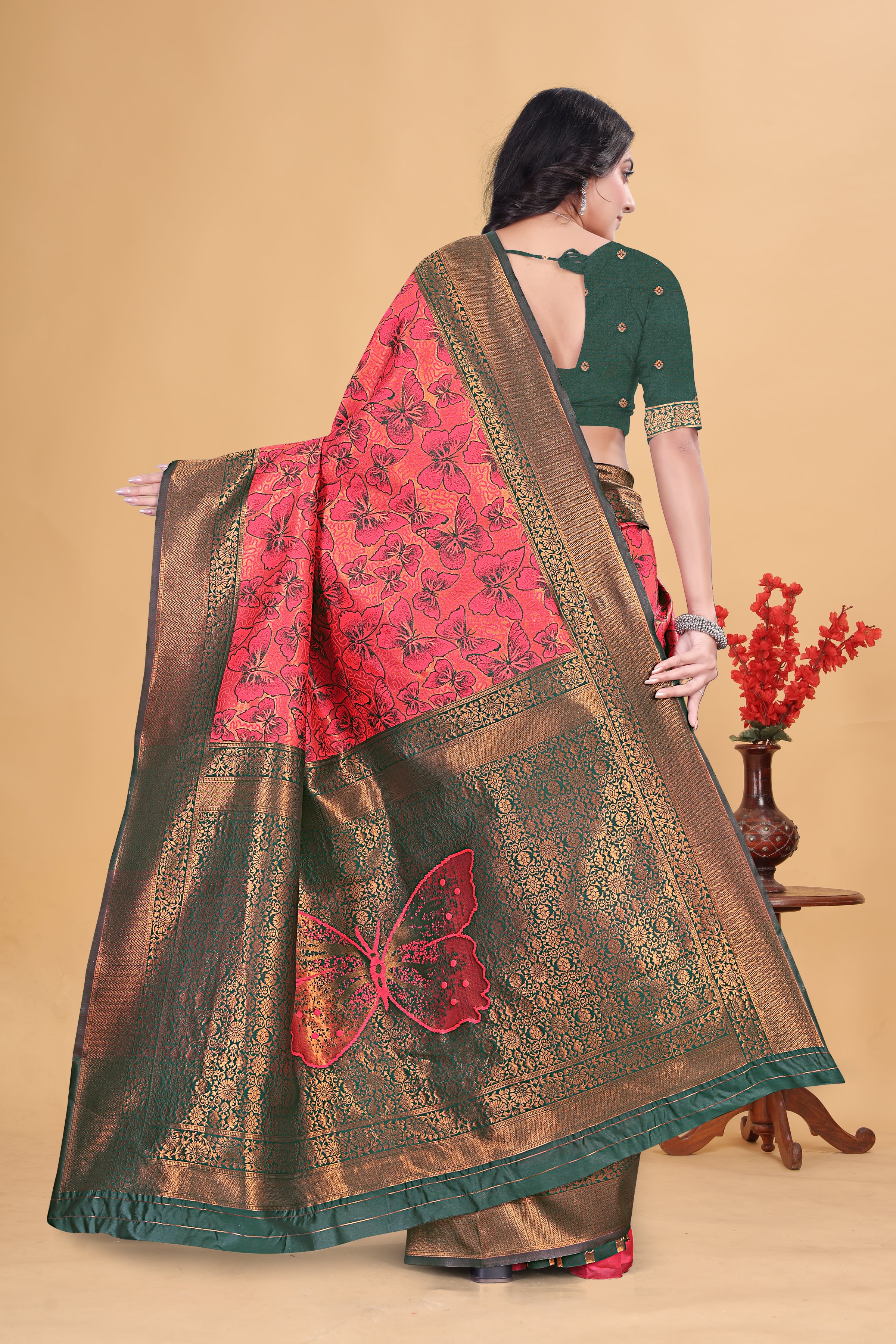 Reddish Pink Butterfly Saree