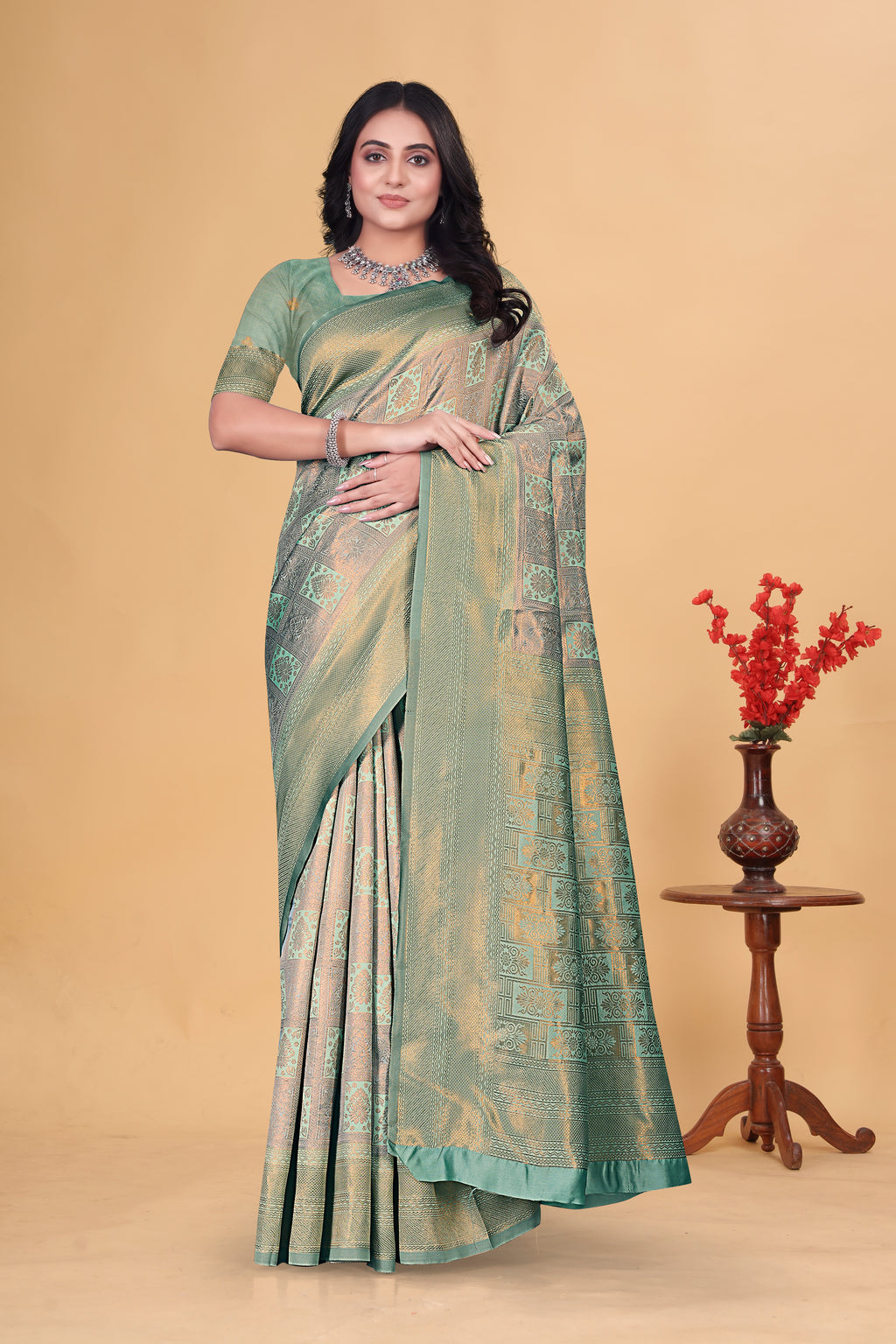 Emerald Green Checks Saree