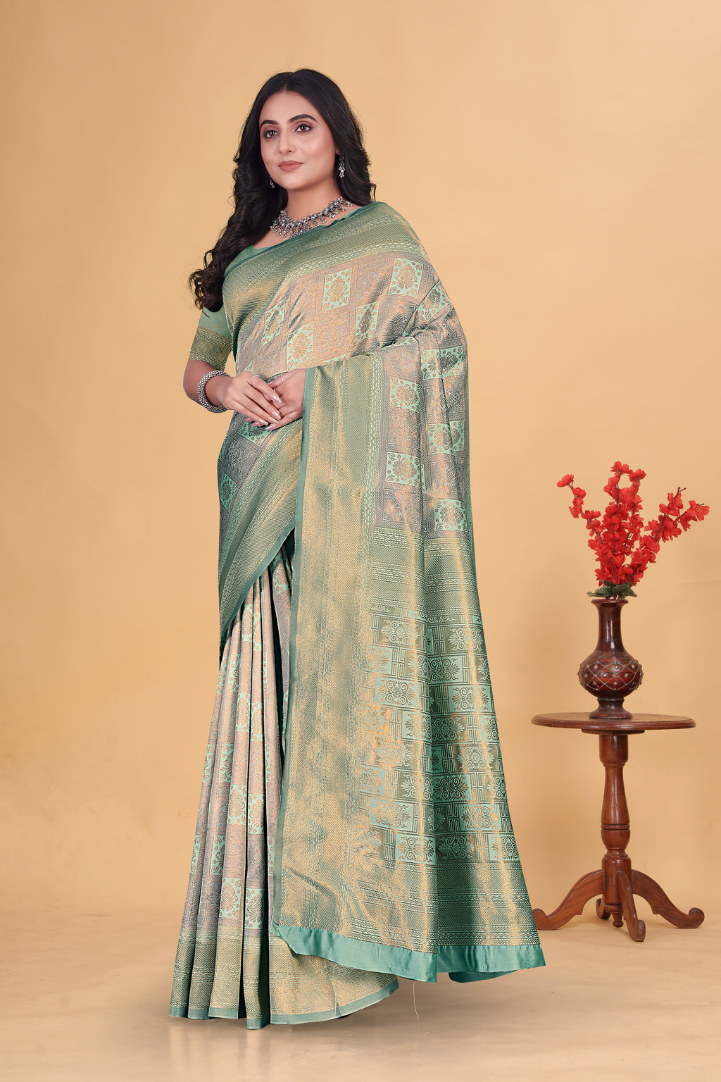 Emerald Green Checks Saree