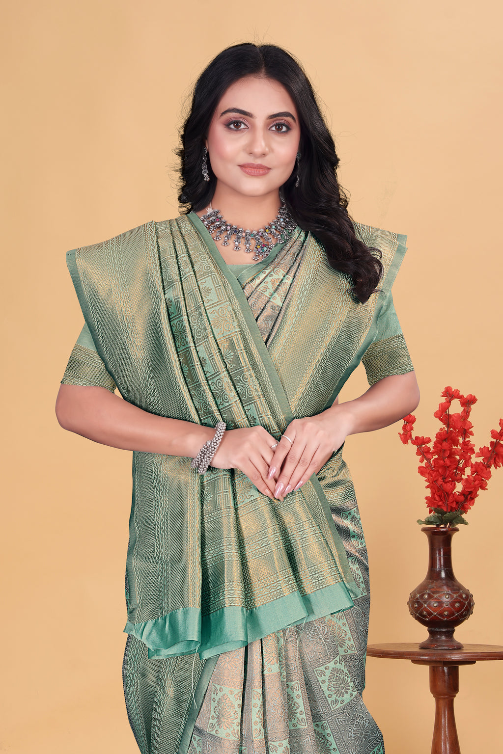 Emerald Green Checks Saree
