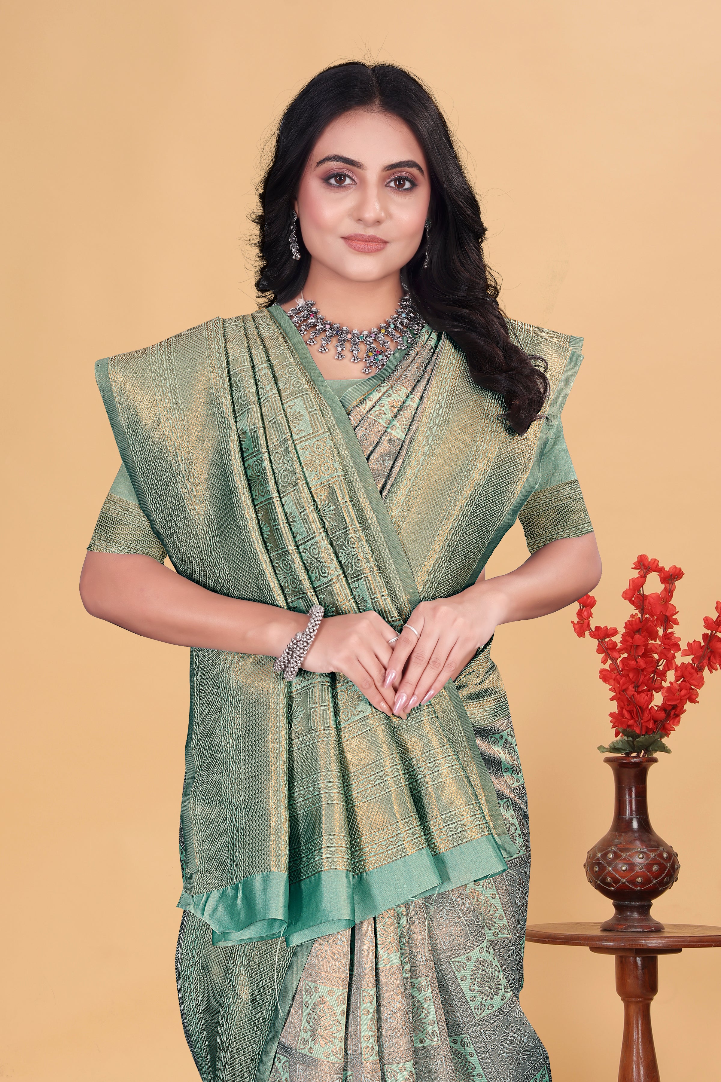 Emerald Green Checks Saree