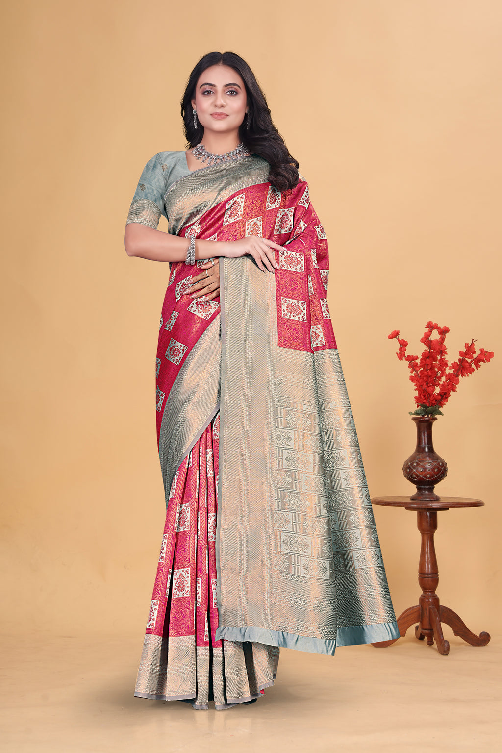 Royal Pink Checks Saree